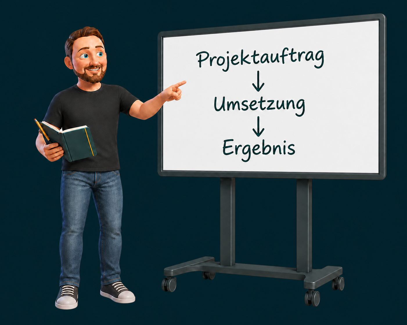 Dominik Weber zeigt neben einem digitalen Whiteboard auf den Ablauf Projektauftrag, Umsetzung und Ergebnis